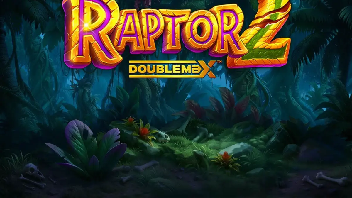 Tampilan visual slot Raptor 2 DoubleMax dengan tema hutan prasejarah dan simbol dinosaurus.