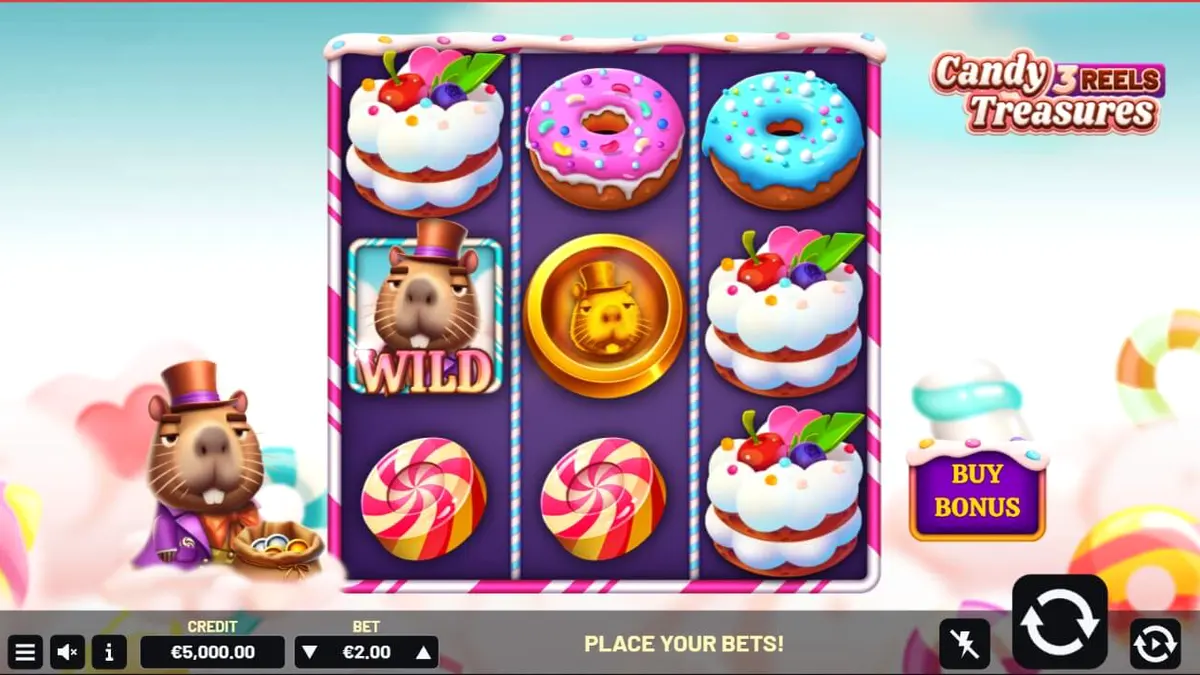 Tampilan visual slot Candy Treasures 3 Reels dengan simbol permen dan kue