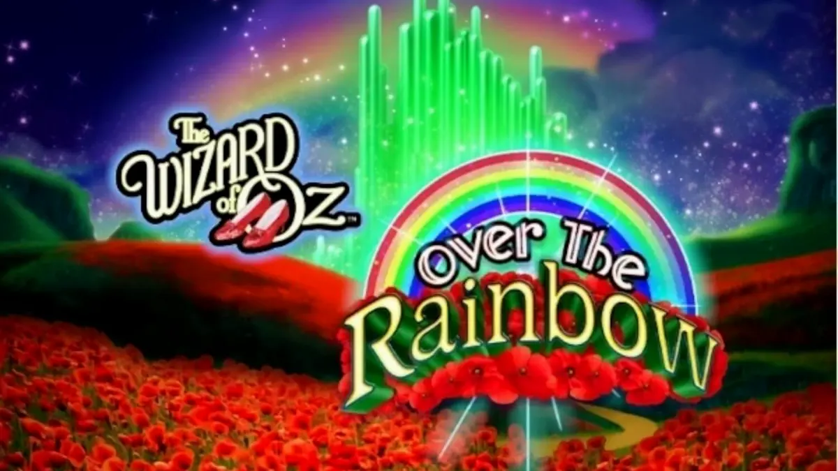 Tampilan visual slot The Wizard of Oz: Over the Rainbow dengan elemen fantasi dan karakter klasik